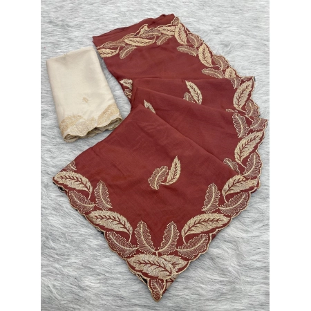 Generic Women's Chiffon Embroidered Saree With Unstitched Blouse 5.5Mtr (Maroon)