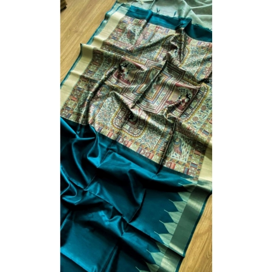 Generic Women's Tussar Silk Madhubani Saree With Unstitched Blouse 5.5Mtr (Rama)