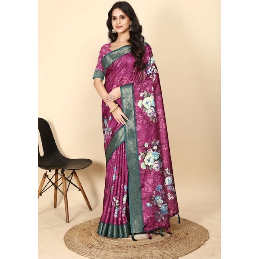 Generic Women's Cotton Blend Floral Printed Saree With Unstitched Blouse 5.5Mtr (Multicolor)