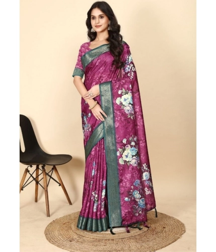 Generic Women's Cotton Blend Floral Printed Saree With Unstitched Blouse 5.5Mtr (Multicolor)