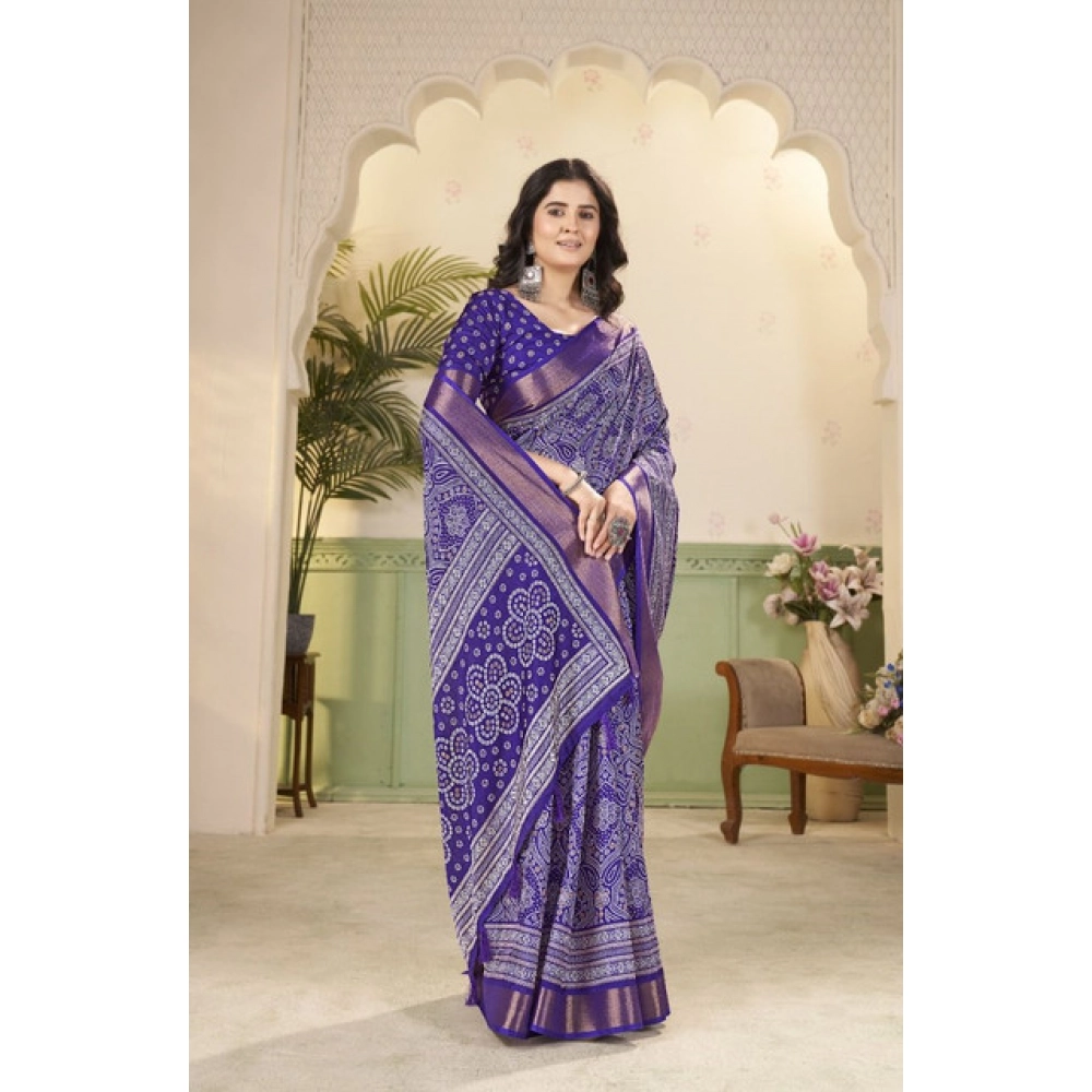 Women's Cotton Silk Floral Printed Saree With Unstitched Blouse 5.5Mtr (Royal Blue)
