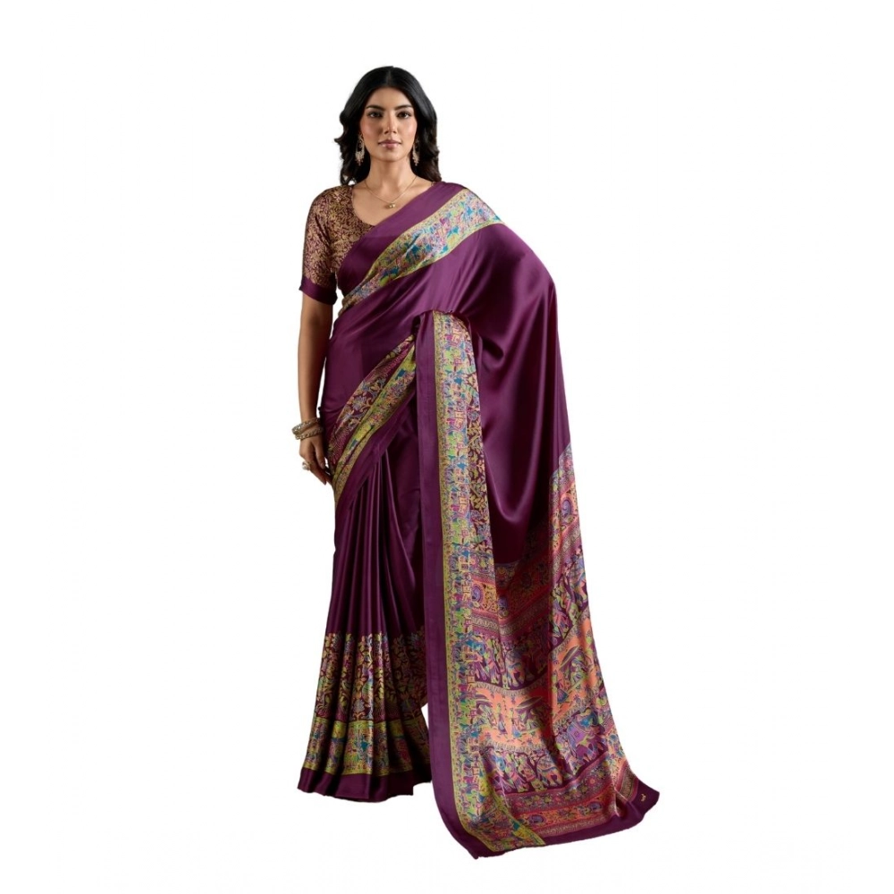Generic Women's Satin Crepe Printed Saree With Unstitched Blouse 5.5Mtr (Purple) Generic Women's Satin Crepe Printed Saree With Unstitched Blouse 5.5Mtr (Purple)