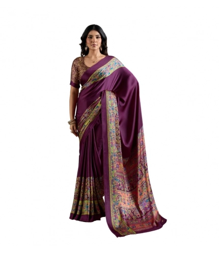 Generic Women's Satin Crepe Printed Saree With Unstitched Blouse 5.5Mtr (Purple)