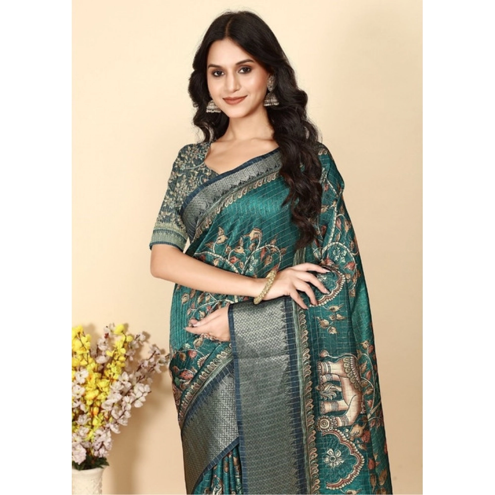 Women’s Cotton Silk Printed Saree With Unstitched Blouse 5.5Mtr (Teal)