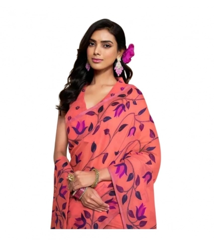 Generic Women's Georgette Printed Saree With Unstitched Blouse 5.5Mtr (Peach)