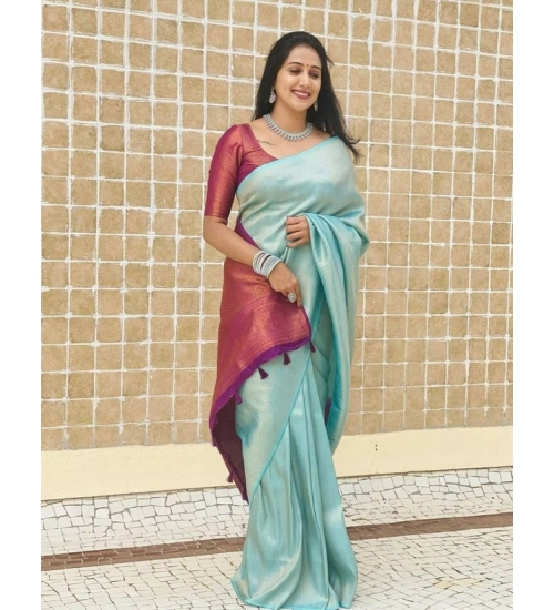 Generic Women's Litchi silk Printed Saree With Unstitched Blouse (Blue)