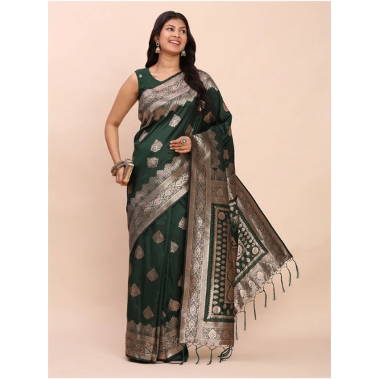 Generic Women's Banarasi Silk Printed Saree With Unstitched Blouse 5.5Mtr (Green)