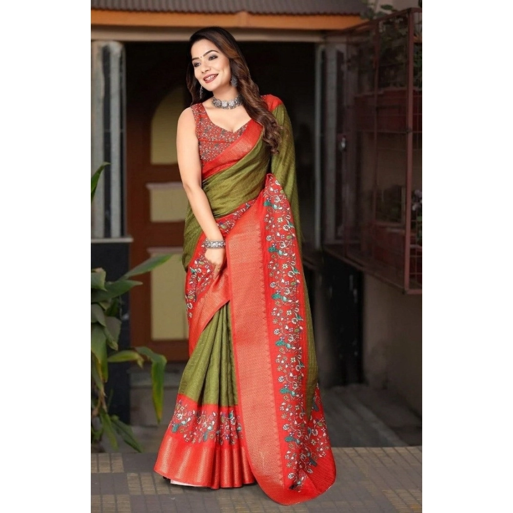Generic Women's Cotton Silk Printed Saree With Unstitched Blouse 5.5Mtr (Green-Red) Generic Women's Cotton Silk Printed Saree With Unstitched Blouse 5.5Mtr (Green-Red)