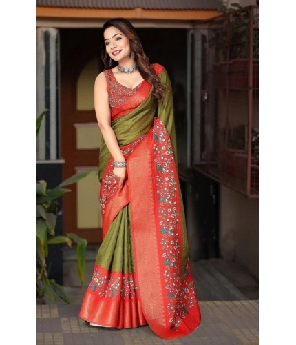 Generic Women's Cotton Silk Printed Saree With Unstitched Blouse 5.5Mtr (Green-Red)