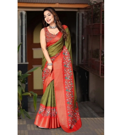 Generic Women's Cotton Silk Printed Saree With Unstitched Blouse 5.5Mtr (Green-Red) Generic Women's Cotton Silk Printed Saree With Unstitched Blouse 5.5Mtr (Green-Red)