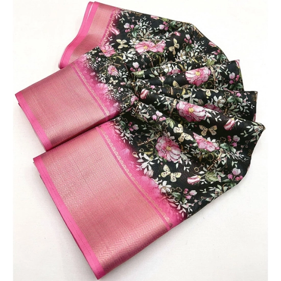 Generic Women's Cotton Silk Floral Printed Saree With Unstitched Blouse 5.5Mtr (Black)