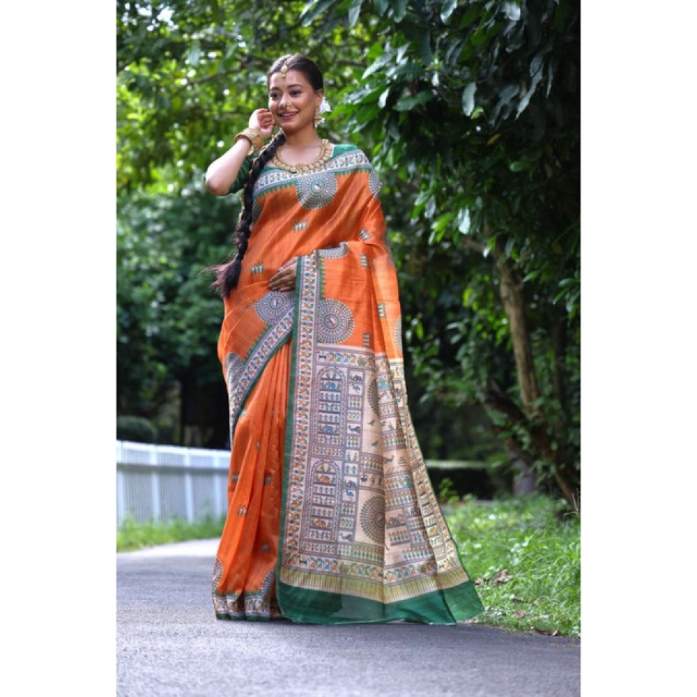 Generic Women's Faux_Tussar_Silk Printed Saree With Unstitched Blouse 5.5Mtr (Orange)