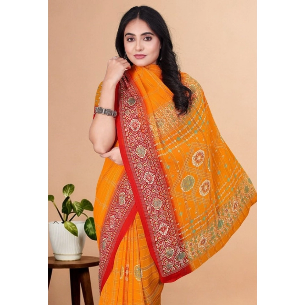 Women’s Art Silk Printed Saree With Unstitched Blouse 5.5Mtr (Yellow)