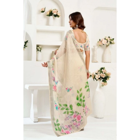 Generic Women's Linen Cotton Printed Ready To Wear Saree With Unstitched Blouse 5.5 Mtr (Light_Beige)