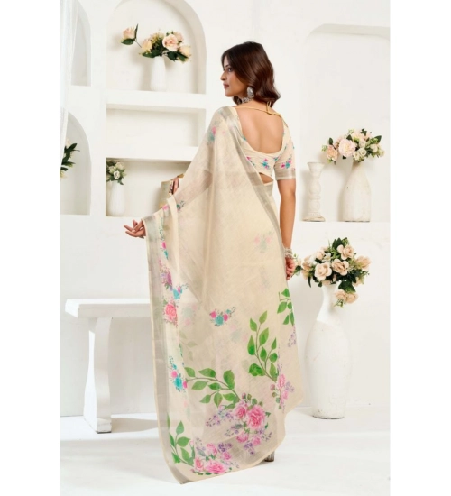 Generic Women's Linen Cotton Printed Ready To Wear Saree With Unstitched Blouse 5.5 Mtr (Light_Beige)