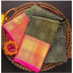 Generic Women's  Soft Litchi Silk Jacquard Work Saree With Unstitched Blouse 5.5Mtr (Green)