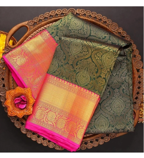 Generic Women's  Soft Litchi Silk Jacquard Work Saree With Unstitched Blouse 5.5Mtr (Green)