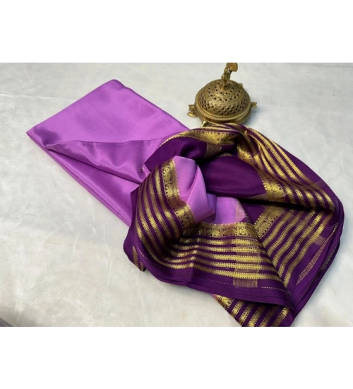 Generic Women's Crepe Chit Pallu Solid Saree With Unstitched Blouse 5.5Mtr (Dark Purple)