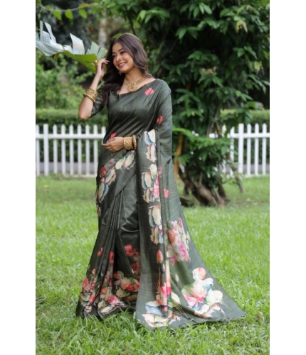 Generic Women's Faux_Tussar Floral Saree With Unstitched Blouse 5.5Mtr (Olive)