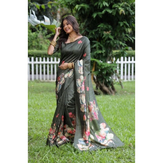 Generic Women's Faux_Tussar Floral Saree With Unstitched Blouse 5.5Mtr (Olive) Generic Women's Faux_Tussar Floral Saree With Unstitched Blouse 5.5Mtr (Olive)