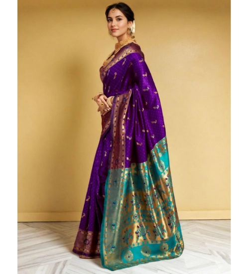 Generic Women's Silk Blend Zari Weaving Saree With Unstitched Blouse 5.5Mtr (Purple)