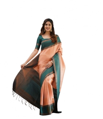 Generic Women's Soft Lichi Silk Printed Saree With Unstitched Blouse 5.5Mtr (Orange)