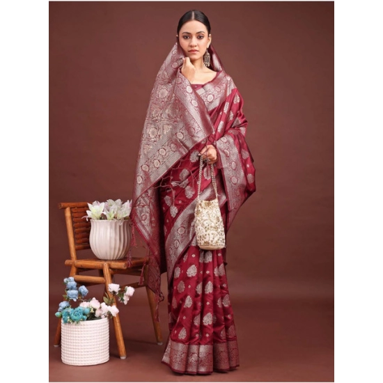 Generic Women's Banarasi Silk Printed Saree With Unstitched Blouse 5.5Mtr (Maroon)