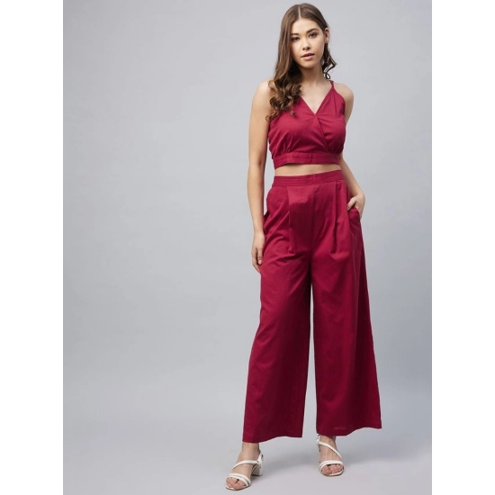 Generic Women's Cotton Linen Solid Sleeveless Crop Top and Palazzo Set (Maroon)