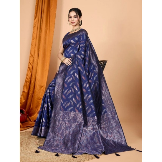Generic Women's Soft Silk Jacquard Saree With Unstitched Blouse 5.5Mtr (Navy Blue)