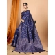 Generic Women's Soft Silk Jacquard Saree With Unstitched Blouse 5.5Mtr (Navy Blue)