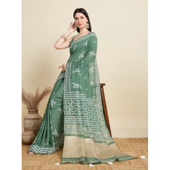 Generic Women's Semi Cotton Printed Saree With Unstitched Blouse 5.5Mtr (Green)