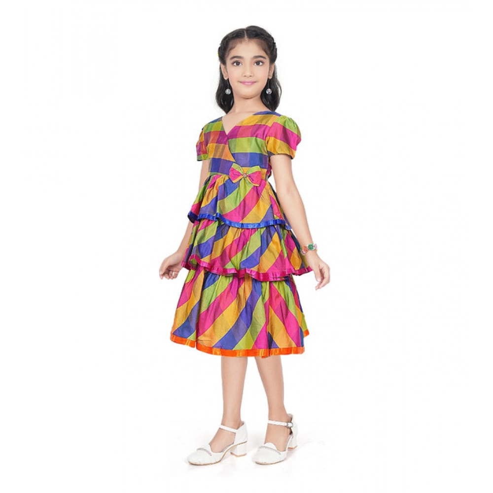 Generic Girl's Taffeta Silk Striped Short Sleeve V Neck Dress (Multicolor) Generic Girl's Taffeta Silk Striped Short Sleeve V Neck Dress (Multicolor)