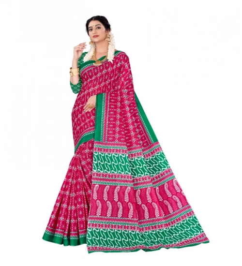 Generic Women's Soft Pure Cotton Printed Saree With Unstitched Blouse 5.5Mtr (Pink)