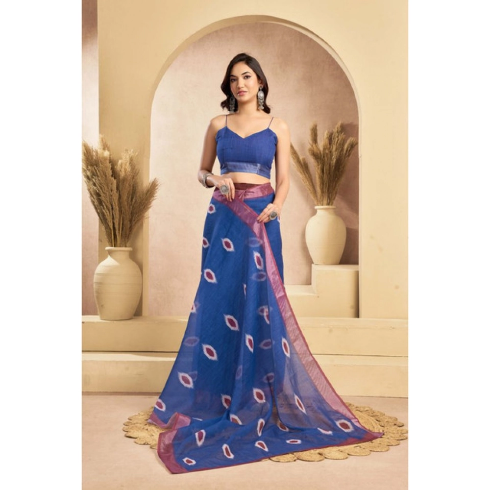 Generic Women's Linen Cotton Printed Ready To Wear Saree With Unstitched Blouse 5.5 Mtr (Blue)