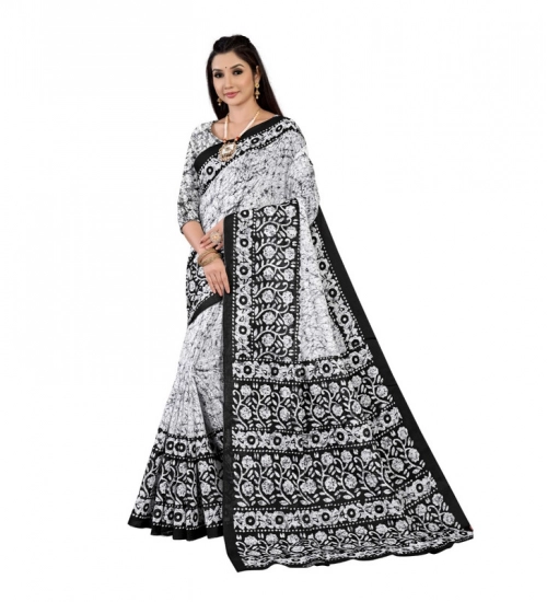 Generic Women's Soft Pure Cotton Printed Saree With Unstitched Blouse 5.5Mtr (Black - White)