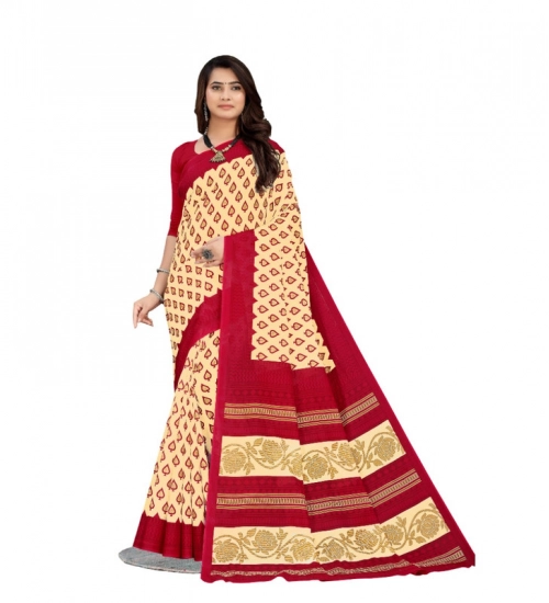 Generic Women's Soft Pure Cotton Printed Saree With Unstitched Blouse 5.5Mtr (Beige)