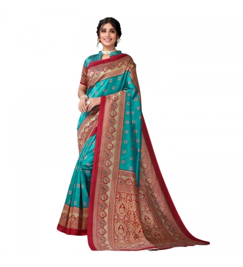 Generic Women's Litchi silk Printed Saree With Unstitched Blouse  5-6 Mtrs (Turquoise Blue)