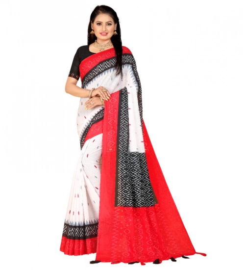 Generic Women's Soft Pure Cotton Printed Saree With Unstitched Blouse 5.5Mtr (White)
