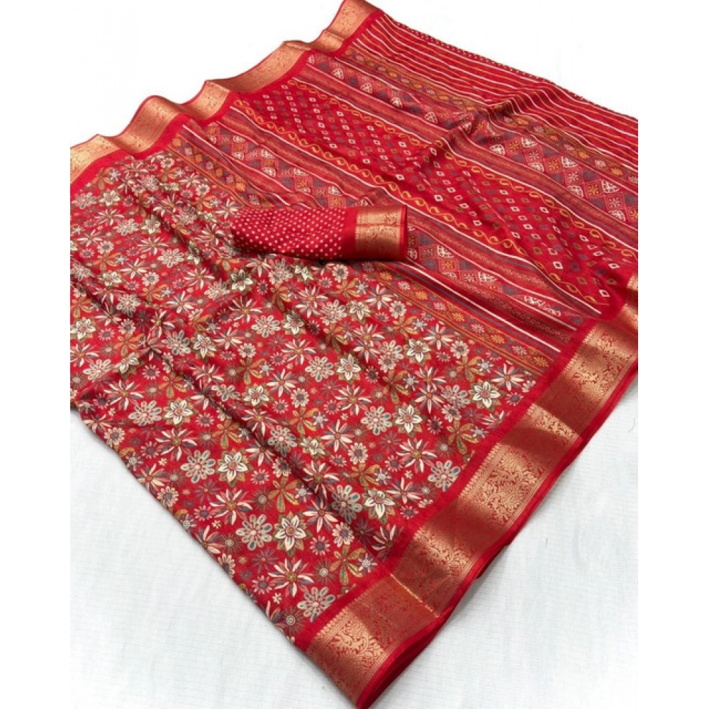 Generic Women's Dola Silk Floral Printed Saree With Unstitched Blouse 5.5Mtr (Red)