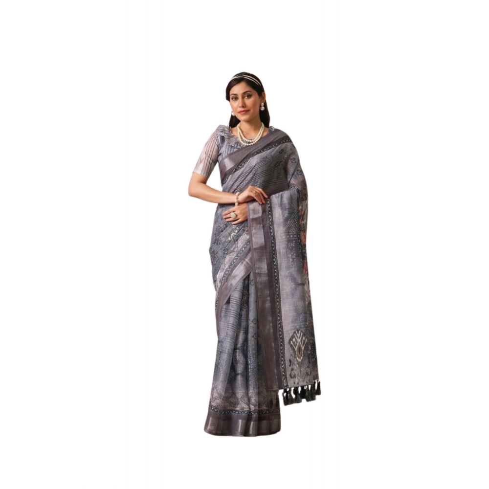 Generic Women's Faux_Linen Printed Saree With Unstitched Blouse 5.5Mtr (Light_Grey)