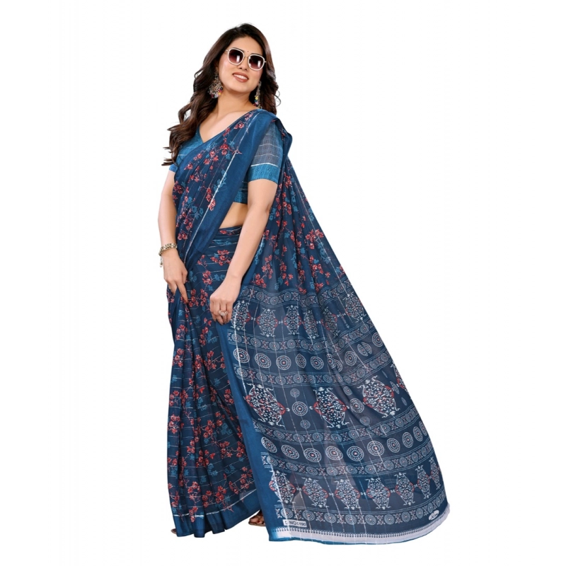 Women's Georgette Printed Saree With Unstitched Blouse 5.5Mtr (Blue)