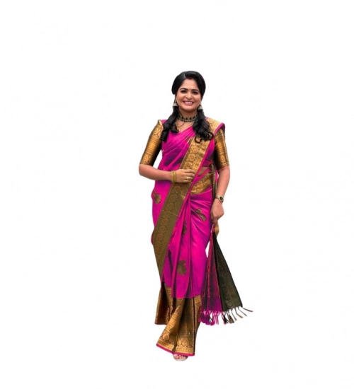 Generic Women's Soft Lichi Silk Printed Saree With Unstitched Blouse 5.5Mtr (Pink)