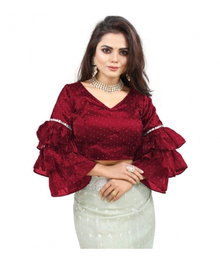 Generic Women's Organza Solid V Neck Layered Ruffle Sleeve Readymade Blouse (Maroon Free Size , up to 38–40 Bust)-PID65854