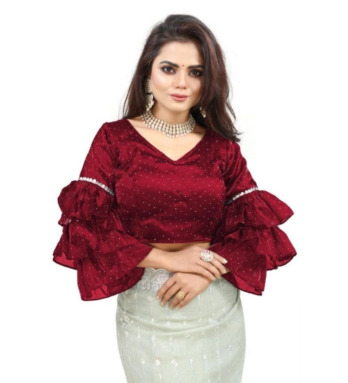 Generic Women's Organza Solid V Neck Layered Ruffle Sleeve Readymade Blouse (Maroon Free Size , up to 38–40 Bust)-PID65854 Generic Women's Organza Solid V Neck Layered Ruffle Sleeve Readymade Blouse (Maroon Free Size , up to 38–40 Bust)-PID65854