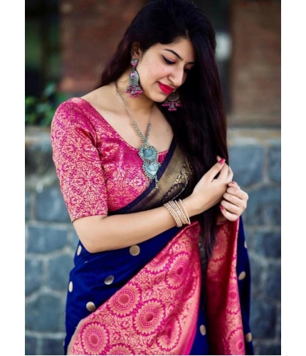 Generic Women's Soft Lichi Silk Printed Saree With Unstitched Blouse 5.5Mtr (Blue)