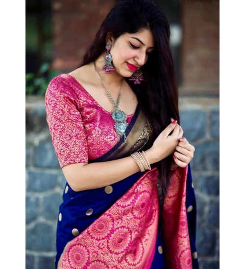 Generic Women's Soft Lichi Silk Printed Saree With Unstitched Blouse 5.5Mtr (Blue)