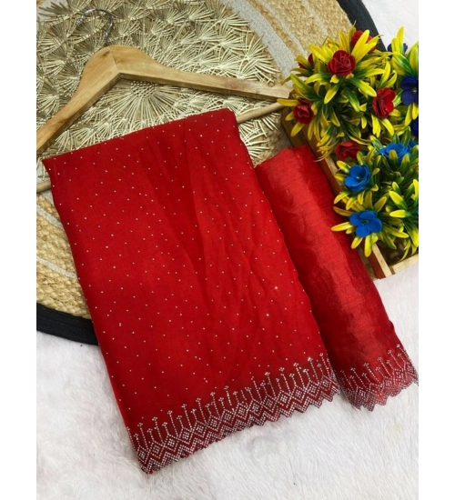 Generic Women's Georgette Stone Work Saree With Unstitched Blouse 5.5Mtr (Red)