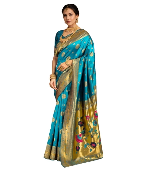 Generic Women's Silk Blend Paithani Saree With Unstitched Blouse 5.5Mtr (Rama)