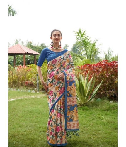 Generic Women's Faux_Tussar Kalamkari_Print Saree With Unstitched Blouse 5.5Mtr (Blue)