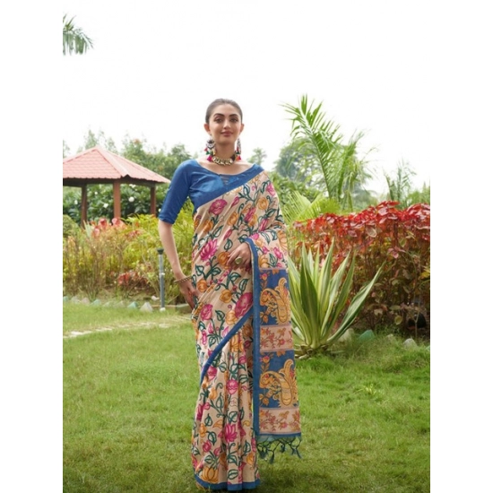 Generic Women's Faux_Tussar Kalamkari_Print Saree With Unstitched Blouse 5.5Mtr (Blue) Generic Women's Faux_Tussar Kalamkari_Print Saree With Unstitched Blouse 5.5Mtr (Blue)